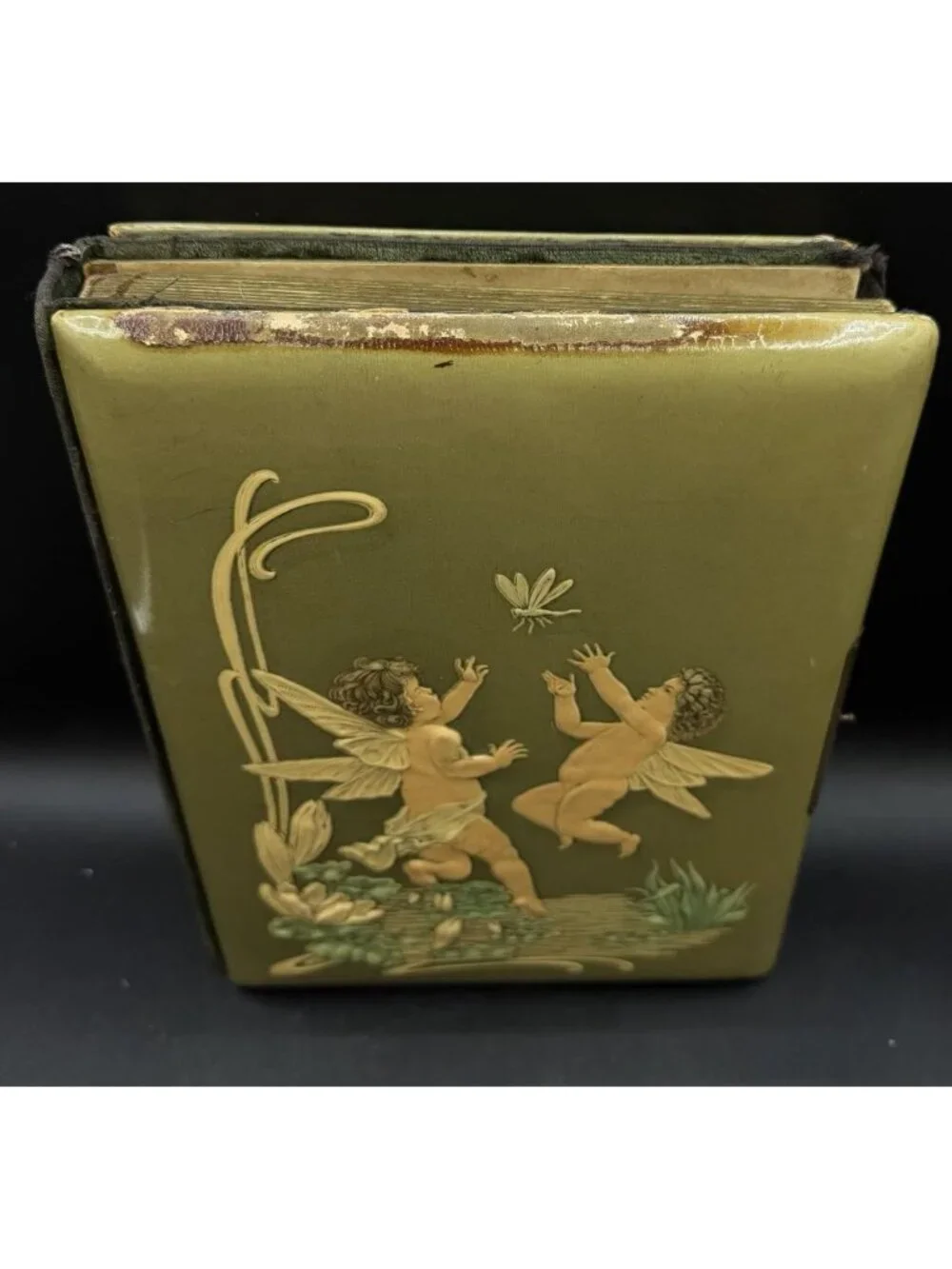 Victorian Green Celluloid Cherubs Dragonfly Photo Album Antique No Latch READ